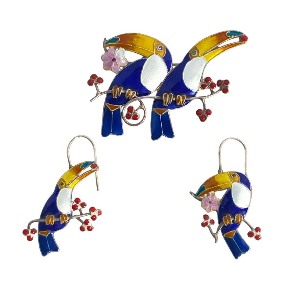 Toucan Enamel Brooch Earrings Set Colorful Cloisonne Design Silver Tone Metal Tr